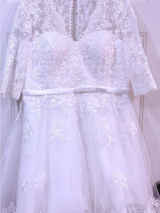 JJs House White Lace A-Line Wedding Dress with Illusion Sleeves - Picture 3 of 11